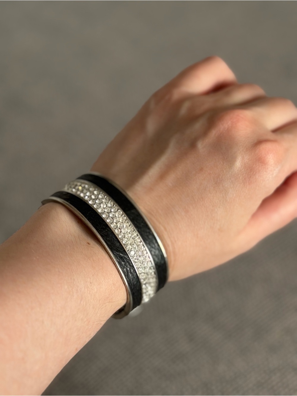 Black Leather & Crystal Pavé Cuff Bracelet